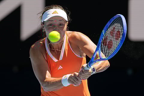 Jessica Pegula of the U.S. plays a backhand return to compatriot McCartney Kessler during their second round match at the Australian Open tennis championship in Melbourne, Australia.