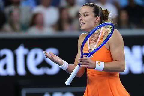 Maria Sakkari of Greece reacts during her second round match against Mirra Andreeva of Russia at the Australian Open tennis championship in Melbourne, Australia.