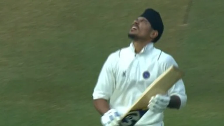 Sharandeep Singh celebrates after scoring century in Jharkhand vs Uttar Pradesh Ranji Trophy 2025-26 Round 6 match - BCCIdomestic/X