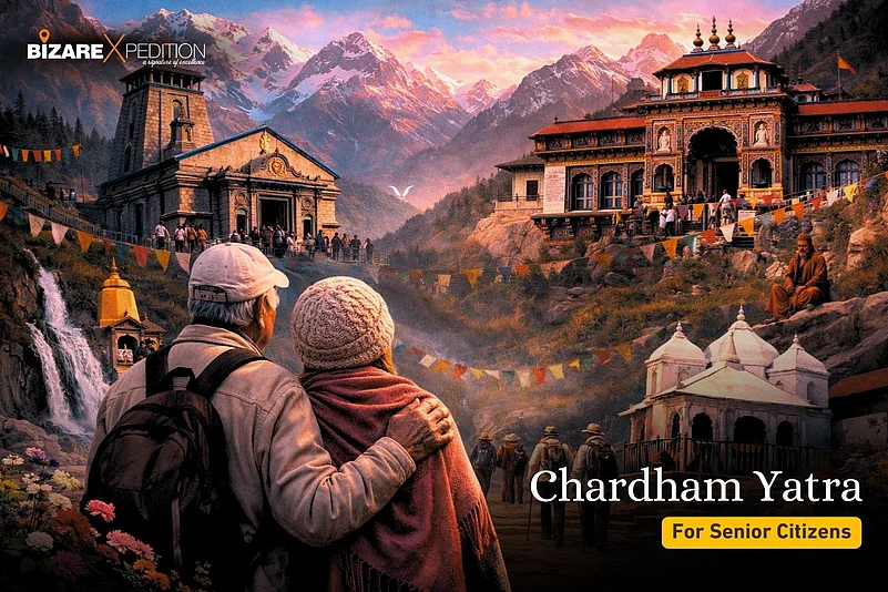 An elderly couple overlooks mountain temples in India; Chardham Yatra travel advertisement