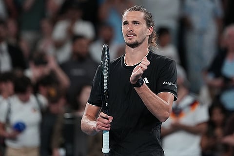 Alexander Zverev of Germany reacts after defeating Cameron Norrie of Britain in their third round match at the Australian Open tennis championship in Melbourne, Australia.