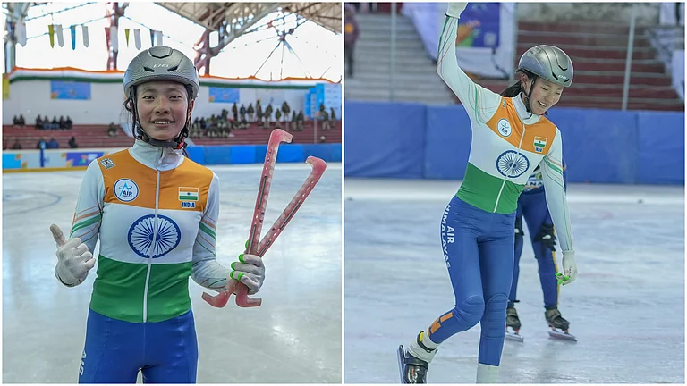 Skarma Tsultim celebrating her gold medal victory in short track speed skate 1000m at KIWG 2025. - | Photo: KIWG 2026