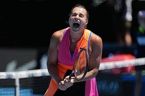 Aryna Sabalenka of Belarus reacts during her third round match against Anastasia Potapova of Austria at the Australian Open tennis championship in Melbourne, Australia.