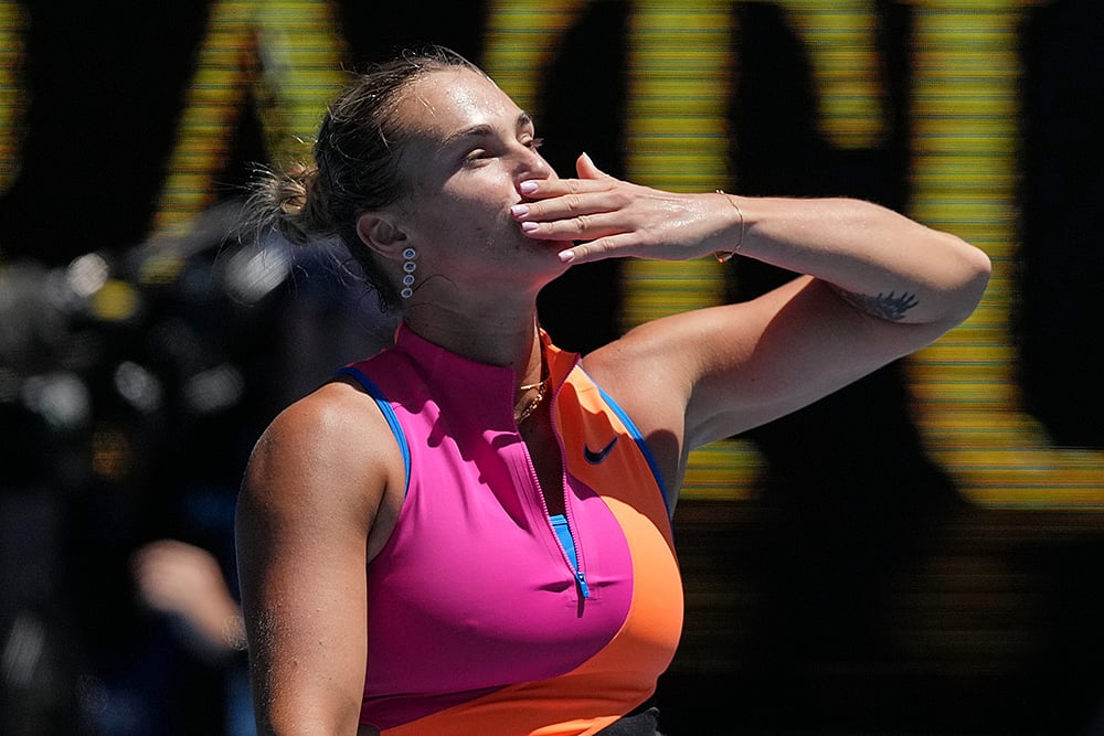 Aryna Sabalenka of Belarus reacts after defeating Anastasia Potapova of Austria in their third round match at the Australian Open tennis championship in Melbourne, Australia. - | Photo: AP/Asanka Brendon Ratnayake