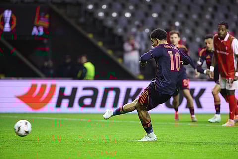 Nottingham Forest's Morgan Gibbs-White shoots and fails to score from the penalty spot during the Europa League opening phase soccer match between SC Braga and Nottingham Forest in Braga, Portugal.