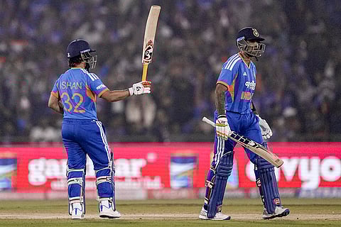 India's Ishan Kishan and Suryakumar Yadav during the second T20I cricket match between India and New Zealand, at Shaheed Veer Narayan Singh International Cricket Stadium, in Raipur, Chhattisgarh.