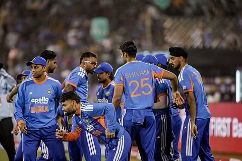 India's captain Suryakumar Yadav with teammates at the start of the second T20I cricket match between India and New Zealand, at Shaheed Veer Narayan Singh International Cricket Stadium, in Raipur, Chhattisgarh.