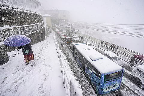 Vehicles remain stuck in a traffic jam as snowfall continues, in Shimla. The precipitation aligns with forecasts predicting up to 28 cm of snow on January 23, ending the region's dry spell under active western disturbances. 