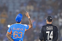 | Photo: PTI/Karma Bhutia : India's captain Suryakumar Yadav, left, and New Zealand's captain Mitchell Santner at the toss before the start of the second T20I cricket match between India and New Zealand, at Shaheed Veer Narayan Singh International Cricket Stadium, in Raipur, Chhattisgarh.