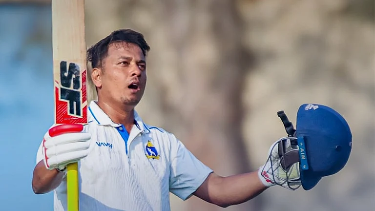 Sudip Chatterjee celebrating his double century against Services in Ranji Trophy 2025-26 round 6 - CabCricket/X