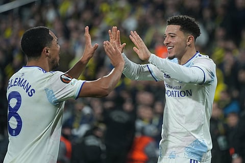 Aston Villa's Jadon Sancho, right, celebrates with teammate Youri Tielemans after scoring the opening goal during a Europa League opening phase soccer match between Fenerbahce and Aston Villa, in Istanbul, Turkey.