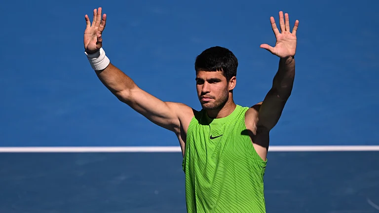Carlos Alcaraz celebrates his win against Corentin Moutet in Australian Open 2026 third round - null