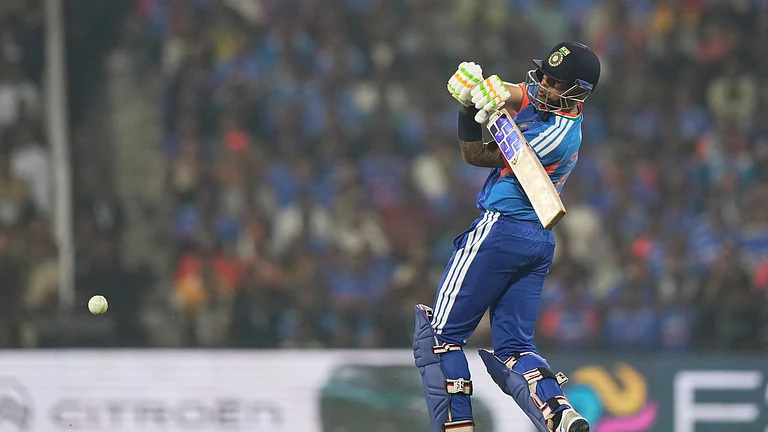 India's captain Suryakumar Yadav plays a shot during the first T20 cricket match between India and New Zealand in Nagpur, India, Wednesday, Jan. 21, 2026. - (AP Photo/Mahesh Kumar A.)
