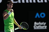 Carlos Alcaraz Vs Corentin Moutet, Australian Open: Spaniard Eases Into Fourth Round With 6-2, 6-4, 6-1 Win | Photo: AP/Asanka Brendon Ratnayake : Carlos Alcaraz of Spain reacts after defeating Corentin Moutet of France in their third round match at the Australian Open tennis championship in Melbourne, Australia.