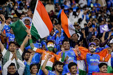 Spectators during the second T20I cricket match between India and New Zealand, at Shaheed Veer Narayan Singh International Cricket Stadium, in Raipur, Chhattisgarh.
