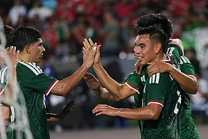 | Photo: AP/Agustin Herrera : Mexican players celebrate after Panama's Richard Peralta scored an own goal, their opening goal, during an international friendly soccer match in Panama City.