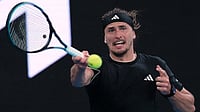 | Photo: AP/Aaron Favila : Alexander Zverev of Germany plays a forehand return to Alexandre Muller of France during their second round match at the Australian Open tennis championship in Melbourne, Australia.