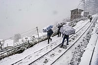 Life In Snow Lane In North India | Photo: PTI : People traverse a snow-covered rail track amid ongoing snowfall, in Shimla. The precipitation aligns with forecasts predicting up to 28 cm of snow on January 23, ending the region's dry spell under active western disturbances.