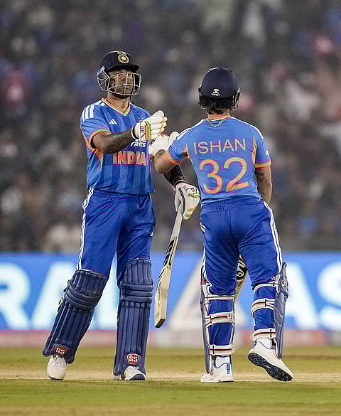 India's Suryakumar Yadav and Ishan Kishan during the second T20I cricket match between India and New Zealand, at Shaheed Veer Narayan Singh International Cricket Stadium, in Raipur, Chhattisgarh.