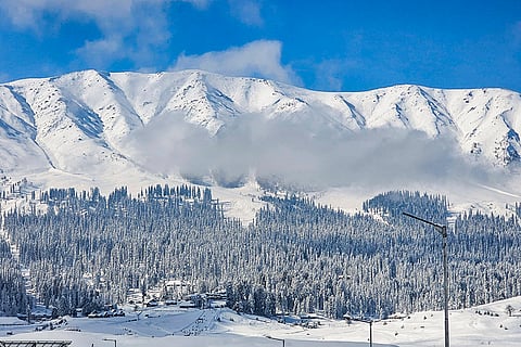 Snow-capped mountains after fresh snowfall, in Gulmarg, Jammu and Kashmir.
