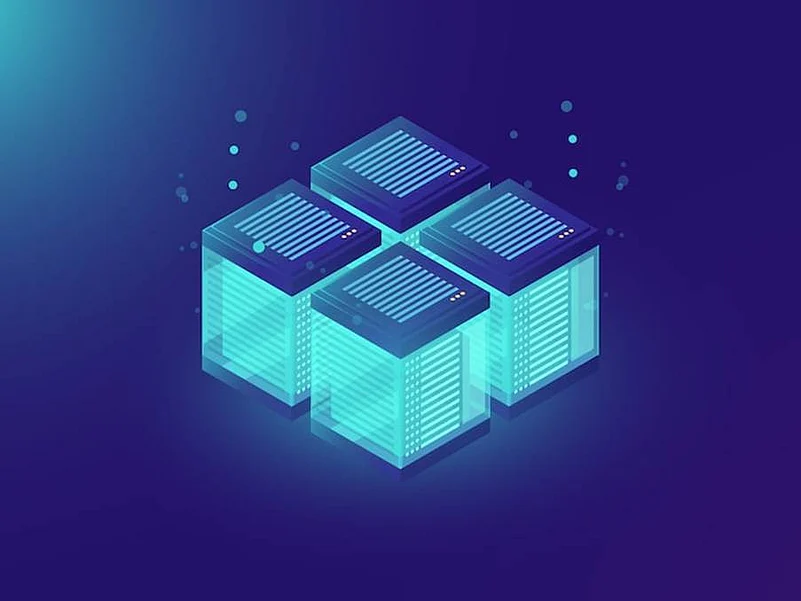 An illustration of four glowing blue data blocks