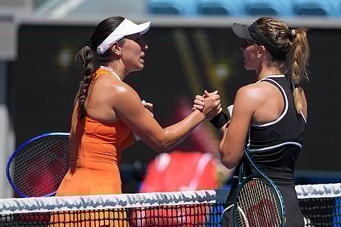 Jessica Pegula, left, of the U.S. is congratulated by Oksana Selekhmeteva of Russia following their third round match at the Australian Open tennis championship in Melbourne, Australia.