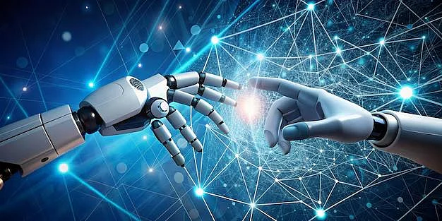 Robotic and human hands connect over network