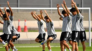 Photo: AFC : Japan players train ahead of the AFC U23 Asian Cup final against China in Jeddah, Saudi Arabia.