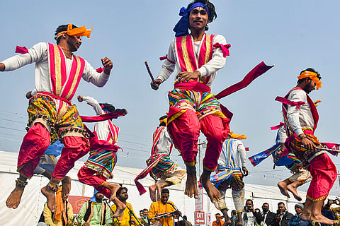 Artists perform during 'Uttar Pradesh Diwas' celebrations at Rashtriya Prerna Sthal, in Lucknow.