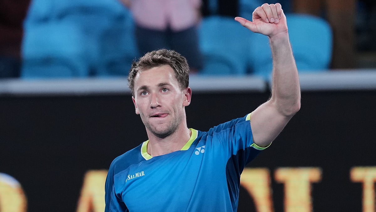 Casper Ruud of Norway celebrates after defeating Jaume Munar of Spain in their second round match at the Australian Open tennis championship in Melbourne, Australia, Friday, Jan. 23, 2026.  - AP Photo/Dita Alangkara