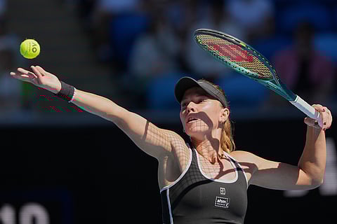 Oksana Selekhmeteva of Russia serves to Jessica Pegula of the U.S. during their third round match at the Australian Open tennis championship in Melbourne, Australia.