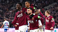 Photo: Bradley Collyer/PA via AP : West Ham United's Crysencio Summerville, centre, celebrates scoring their side's first goal of the game with Taty Castellanos, right, and Soungoutou Magassa during the FA Cup third round match between West Ham United and Queens Park Rangers.
