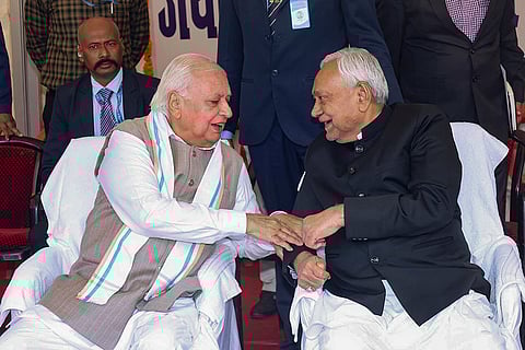 Bihar Governor Arif Mohammed Khan, left, with Chief Minister Nitish Kumar during a ceremony to pay tribute to 'Jannayak' Karpoori Thakur on his birth anniversary, in Patna.