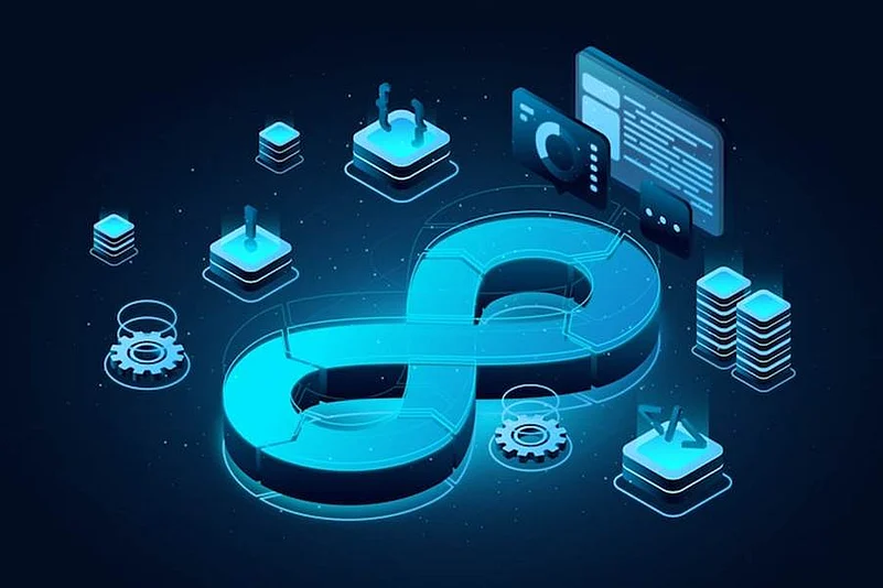Futuristic infinity symbol with servers, code panels, and DevOps icons glowing blue