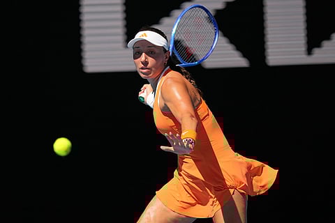 Jessica Pegula of the U.S. plays a forehand return to Oksana Selekhmeteva of Russia during their third round match at the Australian Open tennis championship in Melbourne, Australia.