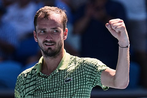 Daniil Medvedev of Russia celebrates after defeating Fabian Marozsan of Hungary in their third round match at the Australian Open tennis championship in Melbourne, Australia.