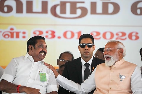 Prime Minister Narendra Modi with AIADMK General Secretary Edappadi K. Palaniswami during a rally to launch NDA's campaign for the upcoming Assembly election in Tamil Nadu, at Maduranthakam in Chengalpattu district, Tamil Nadu.