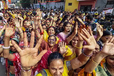 Devotees queue for Saraswati Puja at the disputed Bhojshala complex, revered as Saraswati temple, on Basant Panchami, in Dhar, Madhya Pradesh.