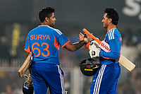 India Vs New Zealand, 3rd T20I: Men In Blue Beat Black Caps By 8 Wickets To Clinch Series Photo: AP/Anupam Nath : India's captain Suryakumar Yadav, left, and India's Abhishek Sharma celebrate after winning the third T20 cricket match between India and New Zealand in Guwahati, India.