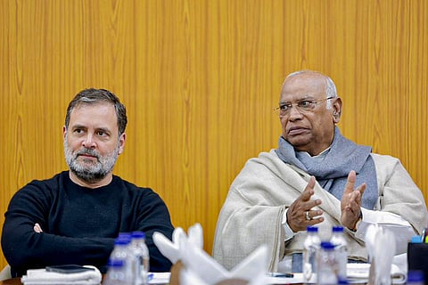 In this image posted on Jan. 23, 2026, Congress President Mallikarjun Kharge with LoP in the Lok Sabha Rahul Gandhi during a meeting for the upcoming Kerala assembly elections, in New Delhi.