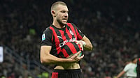 Roma Vs AC Milan Live Score, Serie A: Big Night In Rome As Giants Collide | Photo: AP/Antonio Calanni : AC Milan's Strahinja Pavlovic celebrates after scoring the opening goal during the Serie A soccer match between AC Milan and Roma in Milan, Italy.