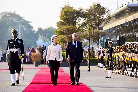In this image posted on Jan. 25, 2026, European Council President Antonio Costa and European Commission President Ursula von der Leyen inspect a Guard of Honour, in New Delhi. Costa and Leyen are the Chief Guests at India's 77th Republic Day celebrations.