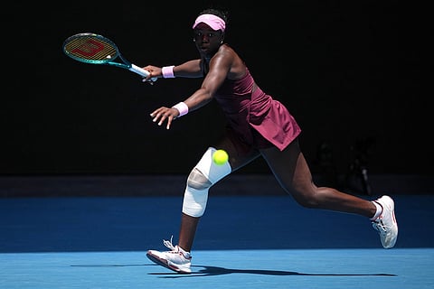 Victoria Mboko of Canada plays a forehand return to Aryna Sabalenka of Belarus during their fourth round match at the Australian Open tennis championship in Melbourne, Australia.
