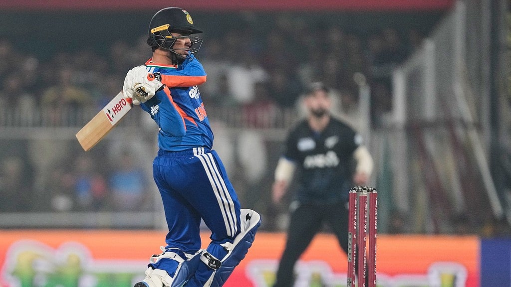 Abhishek Sharma plays a shot during the third T20 match between India and New Zealand in Guwahati. - AP