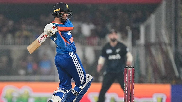 Abhishek Sharma plays a shot during the third T20 match between India and New Zealand in Guwahati. - AP