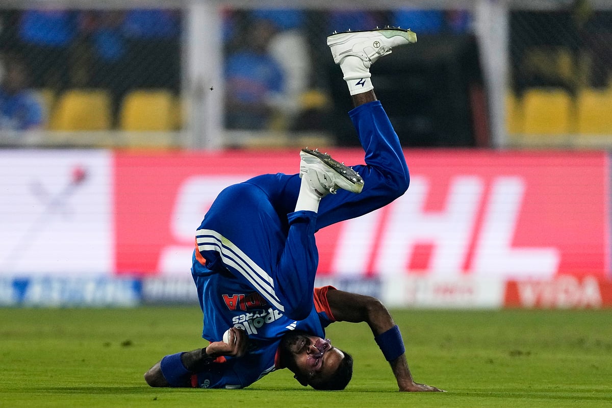 India's Hardik Pandya takes the catch to dismiss New Zealand's Devon Conway during the third T20 cricket match between India and New Zealand in Guwahati, India, Sunday, Jan. 25, 2026.  - | Photo: AP/Anupam Nath