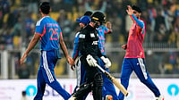 (AP Photo/Anupam Nath) : India's players celebrate as New Zealand's Devon Conway walks off the field after losing his wicket during the third T20 cricket match between India and New Zealand in Guwahati, India, Sunday, Jan. 25, 2026