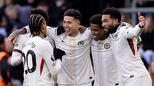 Chelsea celebrate soring a goal during their English Premier League match against Crystal Palace on January 25, 2026.