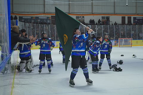 ITBP women's Ice Hockey players doing the victory lap
