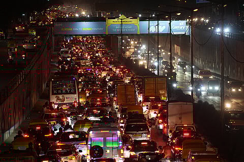 Vehicles stuck in a traffic jam on a road leading to Kempegowda International Airport during rush hour, along Mehkri Circle, in Bengaluru, Karnataka. India's IT hub, Bengaluru, has been ranked the second most congested city globally in 2025, with an average congestion level of 74.4 per cent, according to a report. 